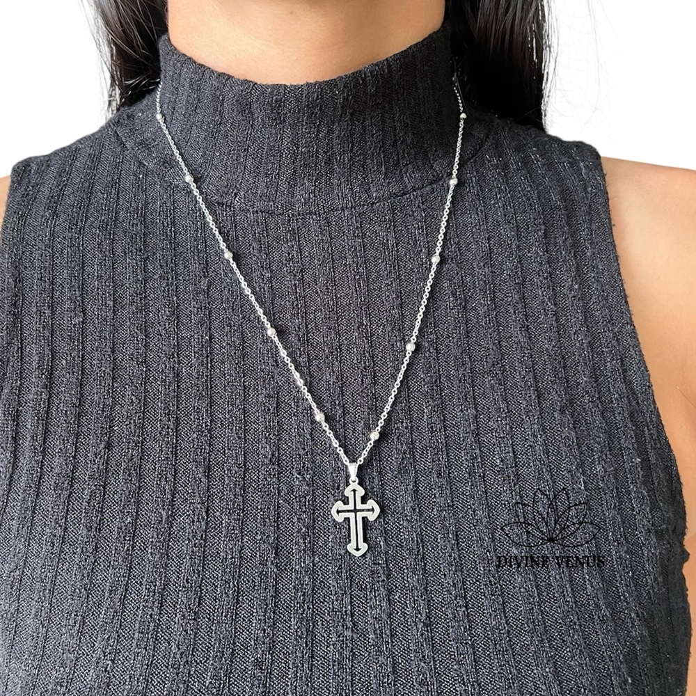 Sacred Cross Necklace | Stainless Steel | 20” Satellite Chain